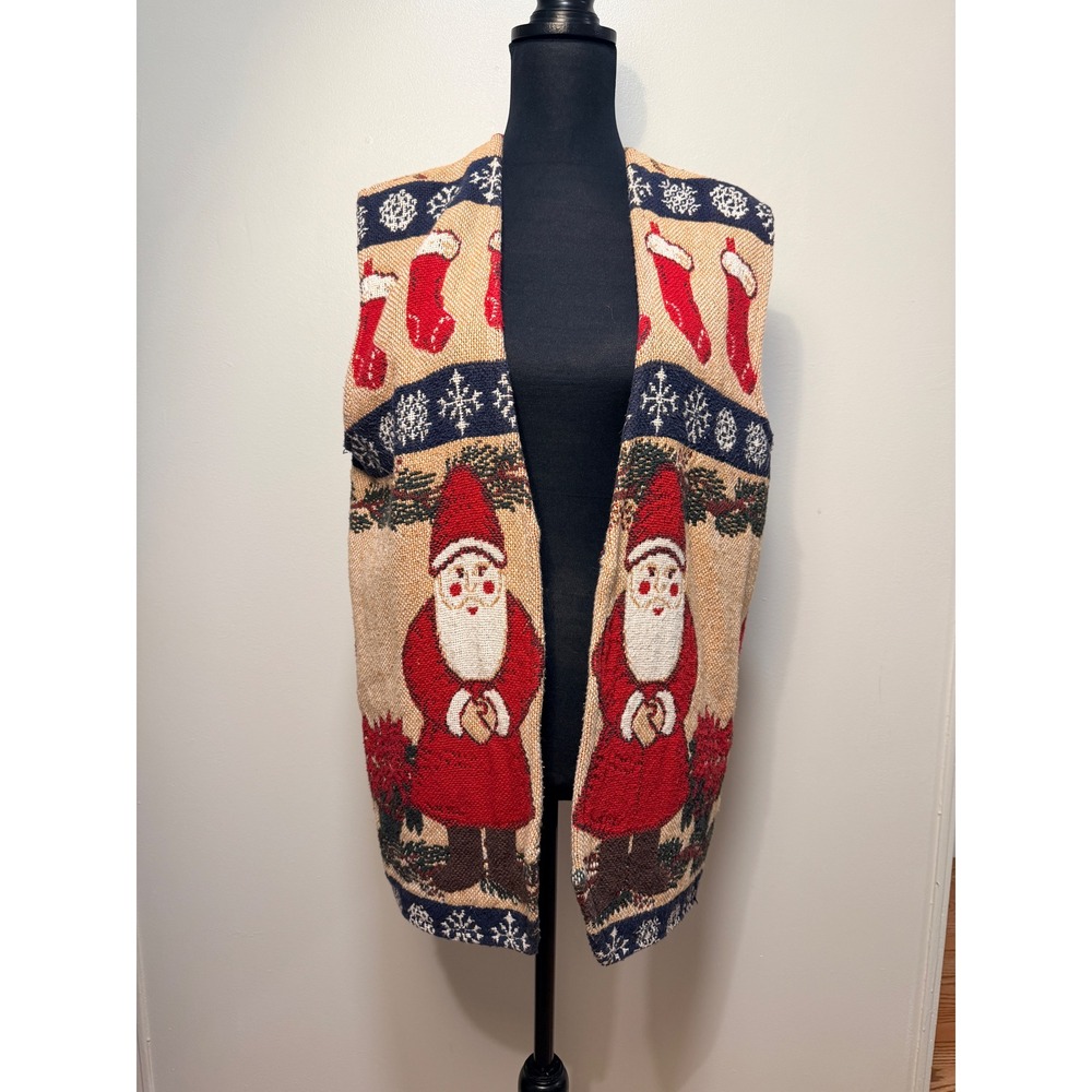 Vintage Vest L Santa Claus Tapestry Christmas Holiday Tan Red Navy Sleeveless
